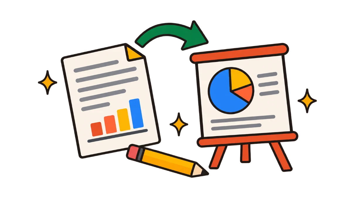Illustration of a document with a bar chart turning into a presentation slide on an easel