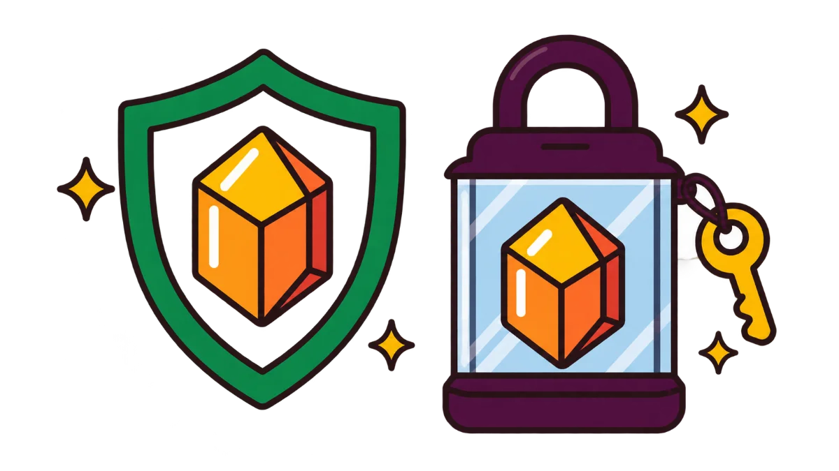 Illustration of the same gem shown once inside an open shield and once inside a locked glass case