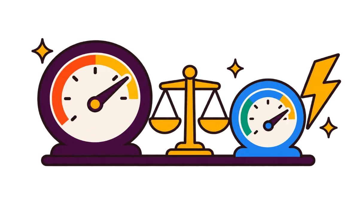 Illustration of a large precise gauge and a small fast gauge balanced on a scale