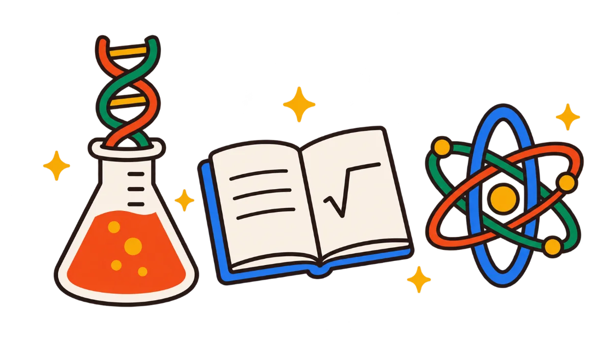 Illustration of a lab flask with a DNA helix, an open notebook with a math symbol, and an atom
